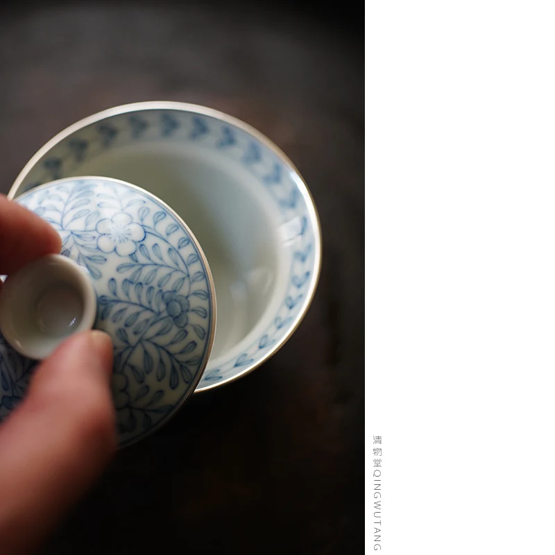 青花千葉文 瓷蓋碗【手作り・工夫茶用・90cc】