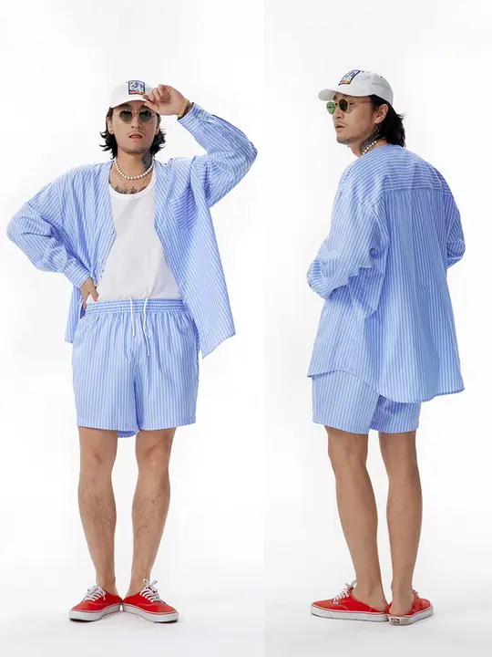 ハーフパンツ メンズ ブルー 縦ストライプ ドローコード ゴムウエスト ルーズ 快適 着回し 夏 「Shizukaumi」
