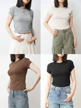 Vickyoung リブ編みドロップショルダー丸首Tシャツ【シンプル無地・春夏用・レディース】