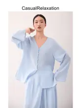 したデザインの開襟シャツ【海藍色・薄手・ゆったりシルエット】