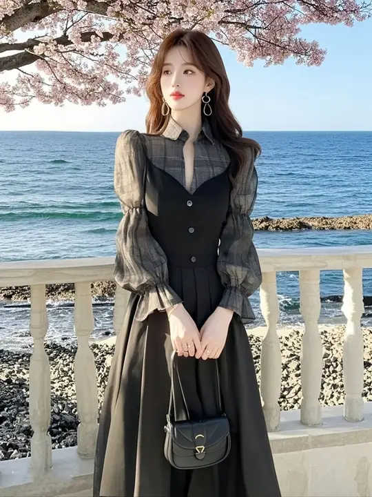 黒のチェック柄パッチワークドレス【フランス風・高級感・大人の女性に最適】