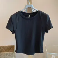 高腰クロップドTシャツ【デザイン肩・ラウンドネック・ベーシック・夏用】