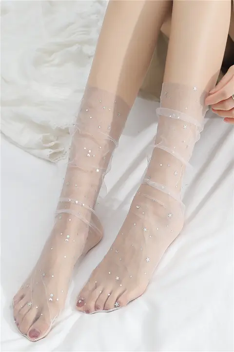 透明薄手チュール月と星のデザインソックス【春夏用・女性用・中筒】