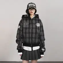 レディースレトロチェック柄パーカー【春秋用・赤・カジュアルデザイン】