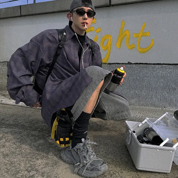 グレー紫のチェックシャツ【秋用・アンティーク加工・皺になりにくい・フィット】