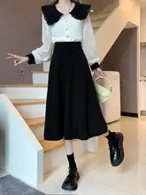 秋冬用 黒いウールAラインスカート【小柄向け・中長丈】（セットアップ対応）