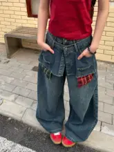 美しいデザインのデニムパンツ【レトロ風・チェック柄・ワイドレッグ・二重ウエスト】（セットアップ対応）