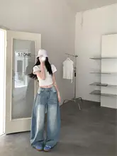 レディース ビンテージ風バンブーパターンデニムパンツ【ハイウエスト・ストレート・ワイドレッグ】