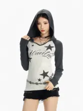 星柄フード付き長袖Tシャツ【アメリカンスタイル・美シルエット・Y2Kデザイン】
