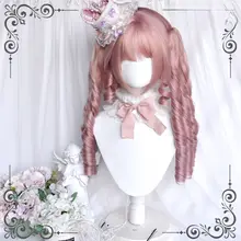 可愛いロマンティックウェーブのツインテールウィッグ【パステルピンク・紫色トリム・ハーフアップ】