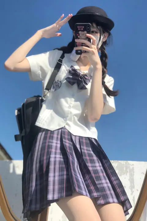 原宿風チェック柄プリーツスカート【ダークパープル・女子学生用】（セットアップ対応）