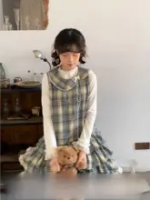 sinsingirl ヴィンテージ風ドールカラーチェック連衣裙【ラウンドネック・フリルレイヤー・背中開き】