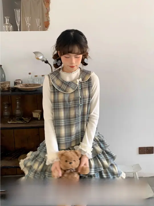 sinsingirl ヴィンテージ風ドールカラーチェック連衣裙【ラウンドネック・フリルレイヤー・背中開き】