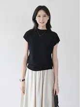 シンプルスタイルのハイネックニットTシャツ【女性用・短袖・柔らかい質感】