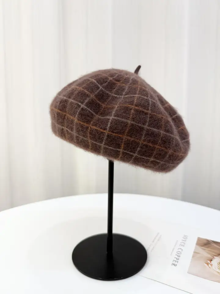 ツイード風ラメチェックのウール混ウサギ毛ベレー帽【秋冬用・ファッション・女性用】