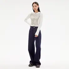 REMOULD 高腰デニムパンツ【秋冬用・裏起毛・深い青・ストレート・ワイドレッグ】