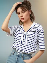 春夏用ストライプPOLOシャツ【学院風・短袖・女性用・シルエットを引き立てるデザイン】