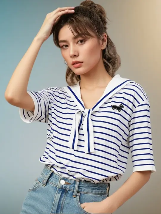 春夏用ストライプPOLOシャツ【学院風・短袖・女性用・シルエットを引き立てるデザイン】