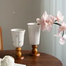 ヴィンテージ風フランススタイルの木製陶器フラワーベース【水栽培・高脚デザイン・リビング・ダイニング用装飾】