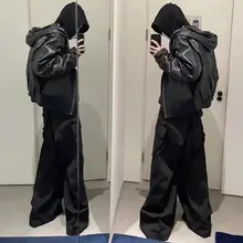 GethBela メンズ ワイドレッグカーゴパンツ【多ポケット・ブラック・ロング丈】