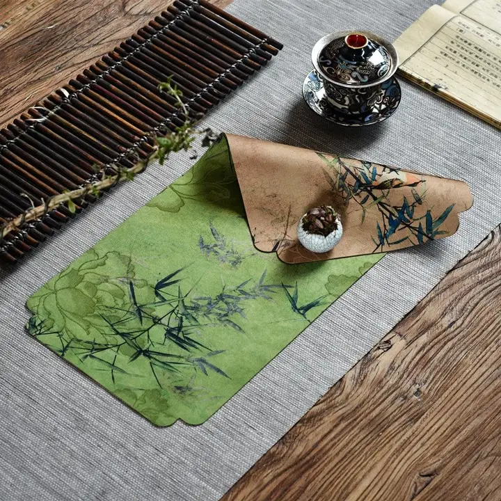 禅スタイル小茶席マット【防水・緑色の牡丹と竹林デザイン・一人用・高級感あり】