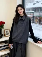 大きいサイズのグレー襟付きニットベスト【春用・韓国風・ゆったり・ノースリーブ】