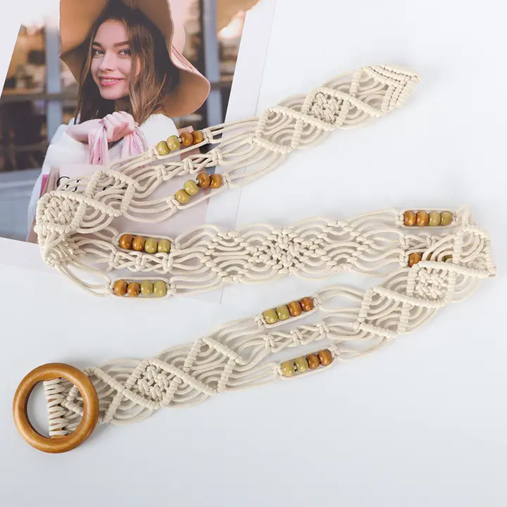 レトロフレンチスタイルの麻ロープウエストベルト【エレガントなデザイン・装飾・幅広いコーディネートに最適】（セットアップ対応）