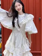 プリンセス風 レース刺繍ワンピース【レトロ・ホワイトフラワー・ウエスト調整】