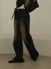 ヴィンテージ風 ストレートワイドデニムパンツ【ハイウエスト・ブラック・スリム効果・米白】