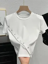 ショートスリーブ Tシャツ 女性 夏季 ファッション ビーズ 細見え ハイウエスト クロップド