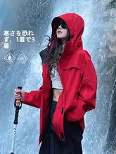 防風防水仕様の秋冬用3in1ジャケット【女性・フード付き・登山用・朱雀レッド】（セットアップ対応）