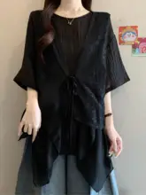 大きいサイズ 夏用 軽やかでエレガントなシフォンベストとトップスの2点セット（セットアップ対応）