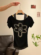 黒の斜め肩デザインのトレンドTシャツ【短袖・スタイリッシュなフィット感】（セットアップ対応）
