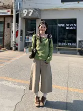 アボカドグリーンストライプワンショルダー長袖Tシャツ【女性用・スリムフィット・春用・リベット付き】