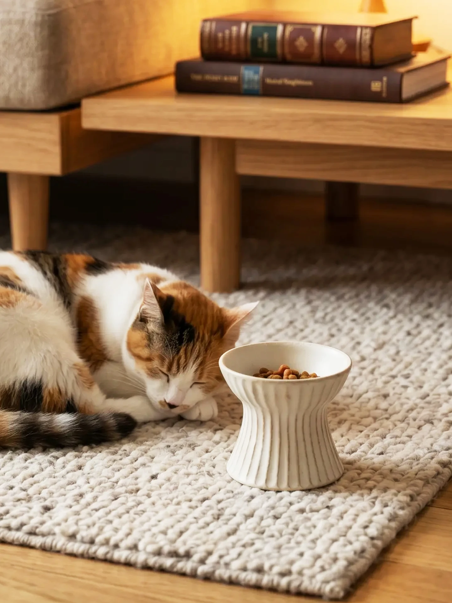ヴィンテージ風の高脚猫用粗陶製ボウル：首を支えるデザインと転倒防止の実用性