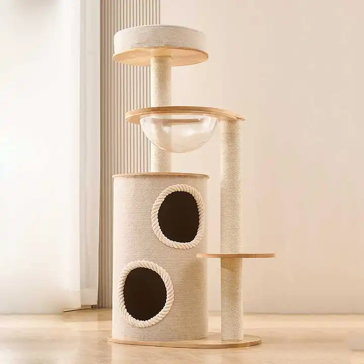 天然木製のキャットタワー【麻製バレル型ハウス・爪研ぎ柱一体型・小型住宅向け】