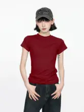 米国風 ビンテージワインレッドの肩出し半袖Tシャツ【レディース・ショート丈・純綿・フィットデザイン】