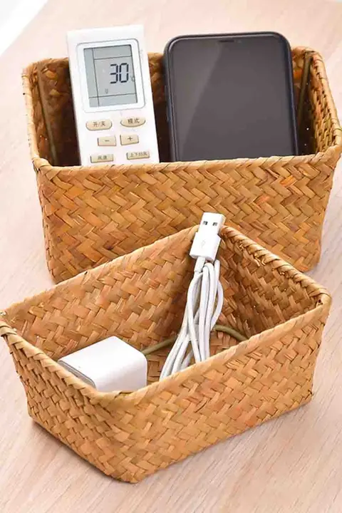 竹と草編みデスク収納ボックス【リモコン・鍵・化粧品収納用・ミニサイズ】