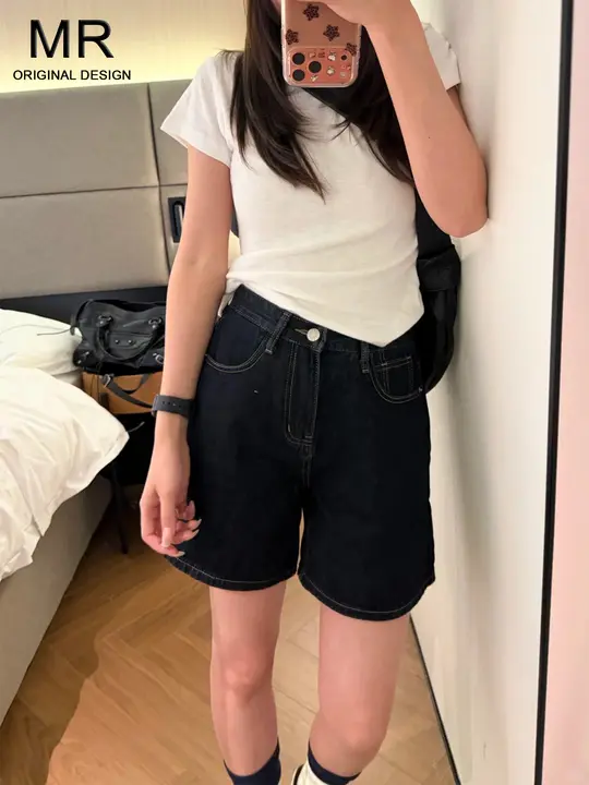 アメリカンヴィンテージ風 深藍色ハイウエストストレートデニムショートパンツ【夏用・ルーズフィット・Aライン】（セットアップ対応）