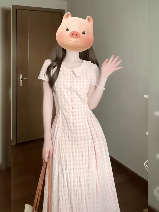 フレンチスタイルのドールカラー ピンクチェック ロングドレス【女性用・ウエストシェイプ・夏向け】