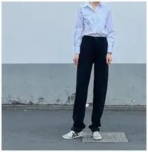 高身長向け ロングストレートパンツ【ブラック・ハイウエスト・フィット】