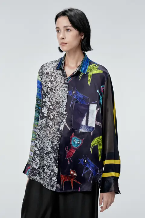 シャツ 女性 ゆったり グラデーションプリント 襟付き シルク 長袖 通勤 シンプル