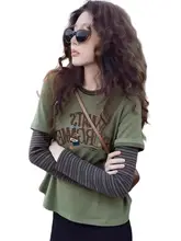 デザイン性のあるバイカラー縞模様のフェイク二重長袖Tシャツ【大きいサイズ・コットン・ゆったりシルエット】（セットアップ対応）