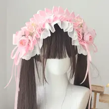 ハンドメイドの折衷スタイルヘアバンド【脱着可能なウサギの耳・ロリータ風花飾り】