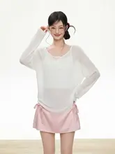 UVカットパーカー レディース 長袖Tシャツ ヘンリーネック ホワイト 薄手 シースルー ルーズ 羽織り 夏 紫外線対策「IFSAWX」