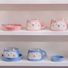 かわいい動物デザインの水杯【手描き・ブルーとピンクのウサギ・陶器製】（セットアップ対応）