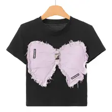 春用 蝶結びデザインの毛辺ステッチ Tシャツ【カジュアル・ショートスリーブ】