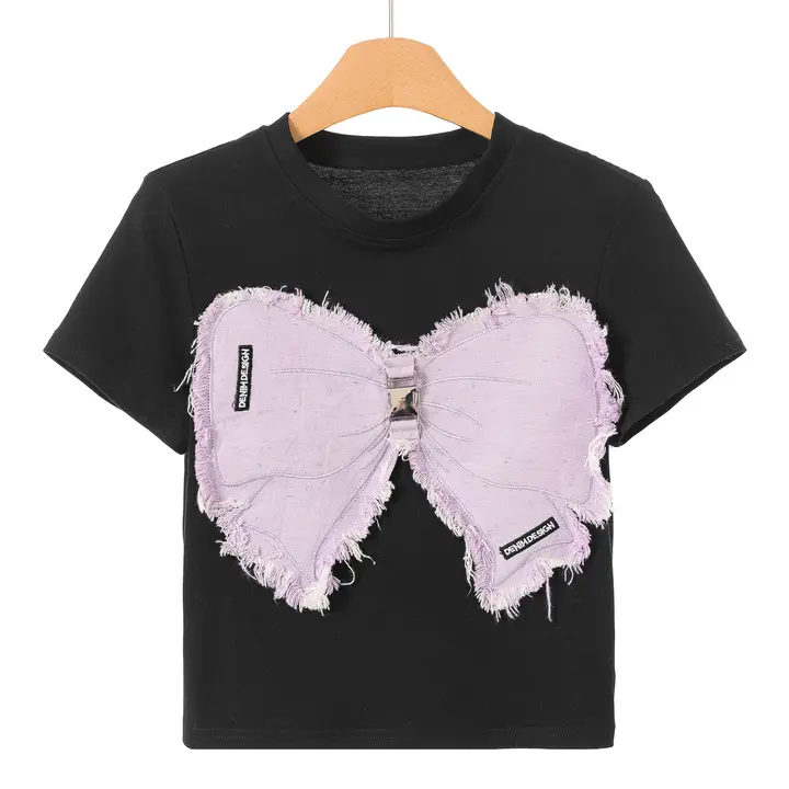 春用 蝶結びデザインの毛辺ステッチ Tシャツ【カジュアル・ショートスリーブ】