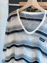 Vネックレースアップストライプニットトップス【ゆったりとしたスタイル・薄手・秋用】