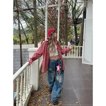 アメリカンレトロ 赤いチェック柄長袖シャツ【ゆったりとしたデザイン・UVカット対応】